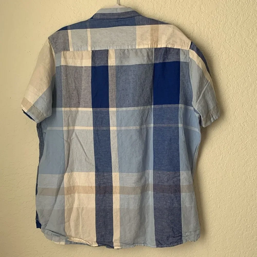 Sean John Blue White Casual Button Down Shirt Sort Sleeve Linen Cotton Size 2XL